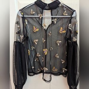 Vintage Topshop bee embroidered balloon sleeve top